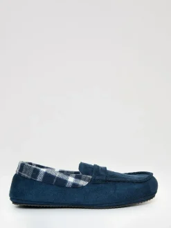 Threadbare Faux Suede Fabric Trim Moccasin Slippers Blue Discount