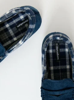 Threadbare Faux Suede Fabric Trim Moccasin Slippers Blue Discount