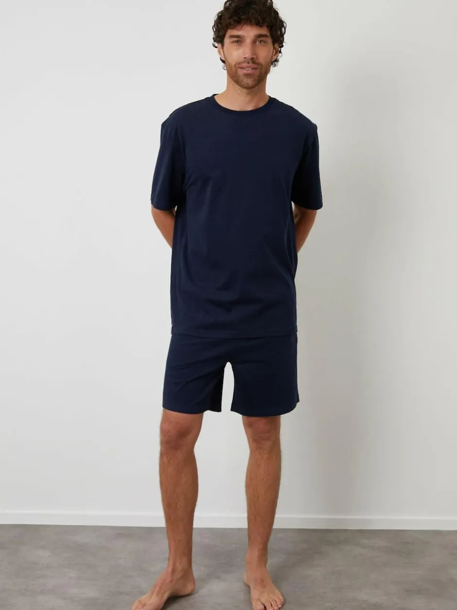 Threadbare Relaxed Fit Peached Cotton Shortie Lounge Set Blue Hot