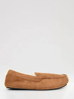 Threadbare Faux Suede Faux Fur Lined Moccasin Slippers Brown Discount