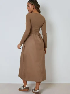 Threadbare 2-in-1 Jersey Poplin Mix Button Down Dress Brown Sale