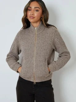 Threadbare Zip Through Knitted Bomber Jacket Brown Best