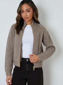 Threadbare Zip Through Knitted Bomber Jacket Brown Best
