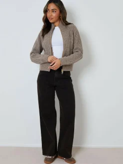 Threadbare Zip Through Knitted Bomber Jacket Brown Best