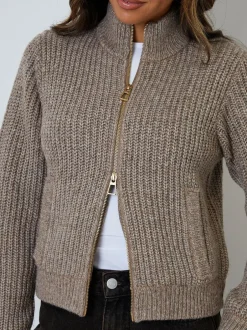 Threadbare Zip Through Knitted Bomber Jacket Brown Best