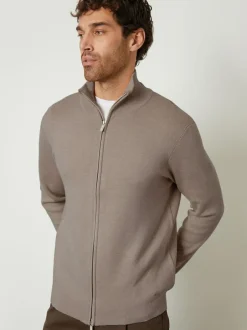 Threadbare Brown Zip-Through Funnel Neck Knitted Cardigan Hot