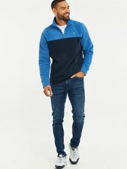 Threadbare Cobalt / Navy Two Tone Quarter Zip Fleece Sweatshirt