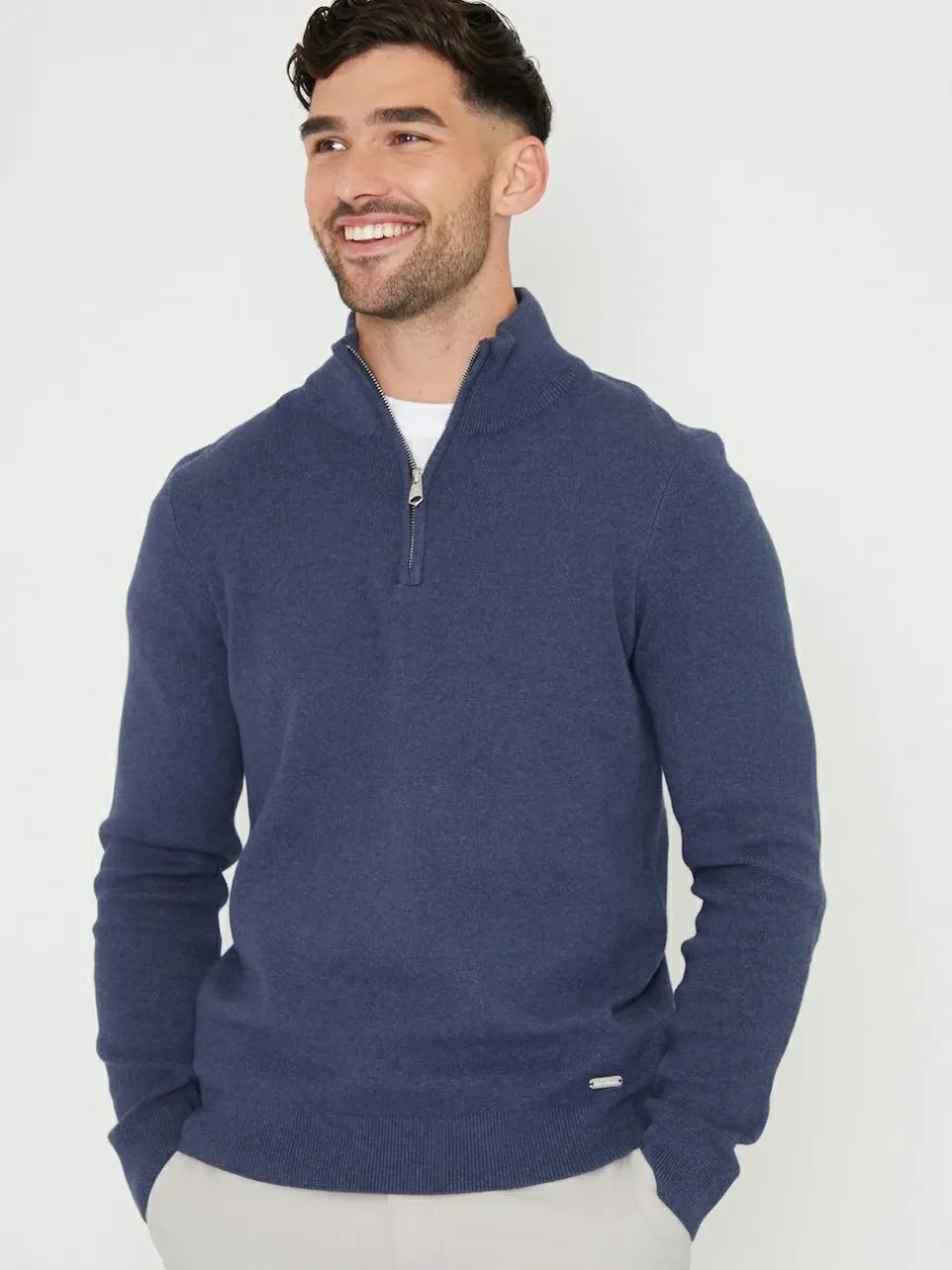 Threadbare Denim Blue Cotton Blend Knitted Quarter Zip Jumper Discount