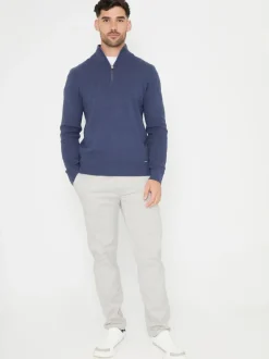 Threadbare Denim Blue Cotton Blend Knitted Quarter Zip Jumper Discount