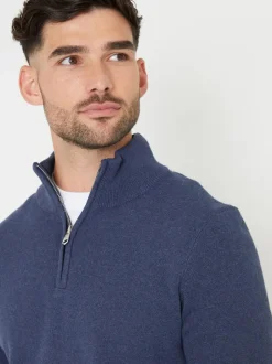 Threadbare Denim Blue Cotton Blend Knitted Quarter Zip Jumper Discount