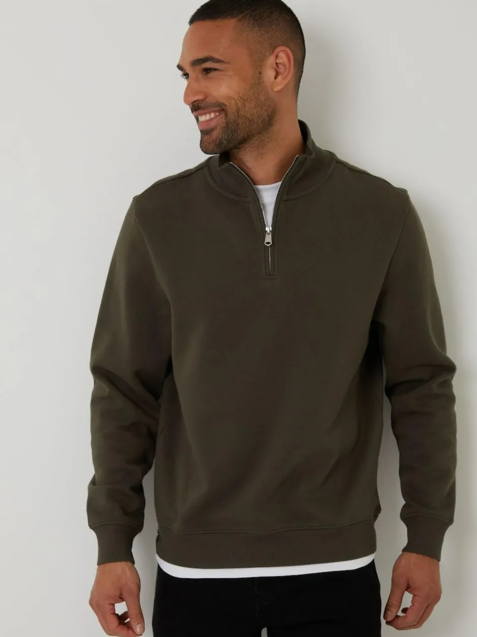 Threadbare Mock T-Shirt Quarter Zip Sweatshirt Khaki Clearance