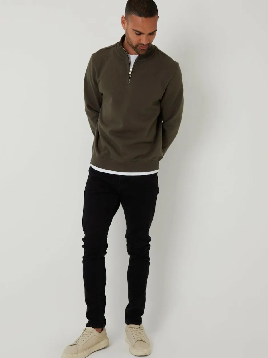 Threadbare Mock T-Shirt Quarter Zip Sweatshirt Khaki Clearance