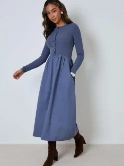 Threadbare 2-in-1 Jersey Poplin Mix Button Down Dress Light Blue Online