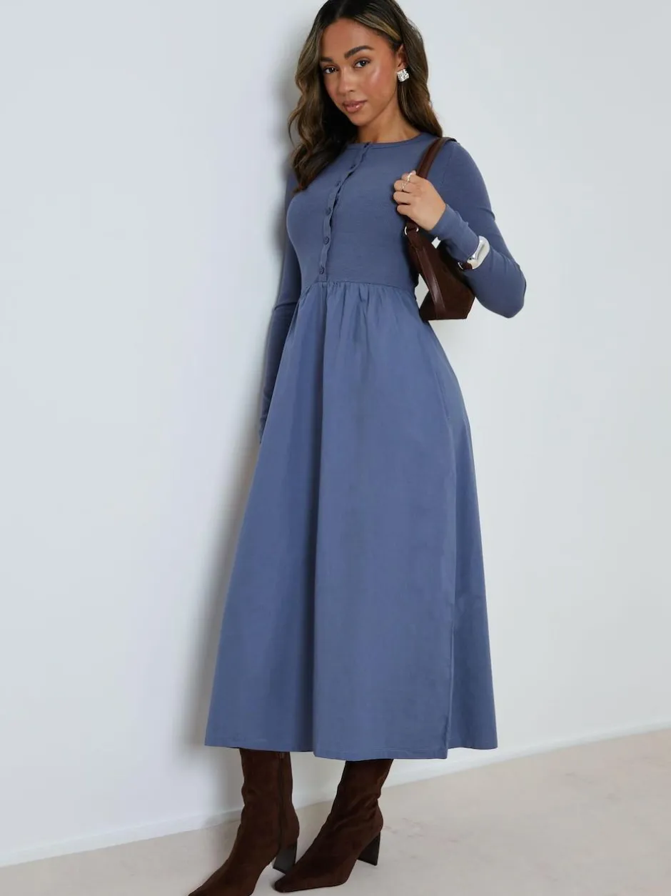 Threadbare 2-in-1 Jersey Poplin Mix Button Down Dress Light Blue Online