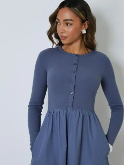 Threadbare 2-in-1 Jersey Poplin Mix Button Down Dress Light Blue Online