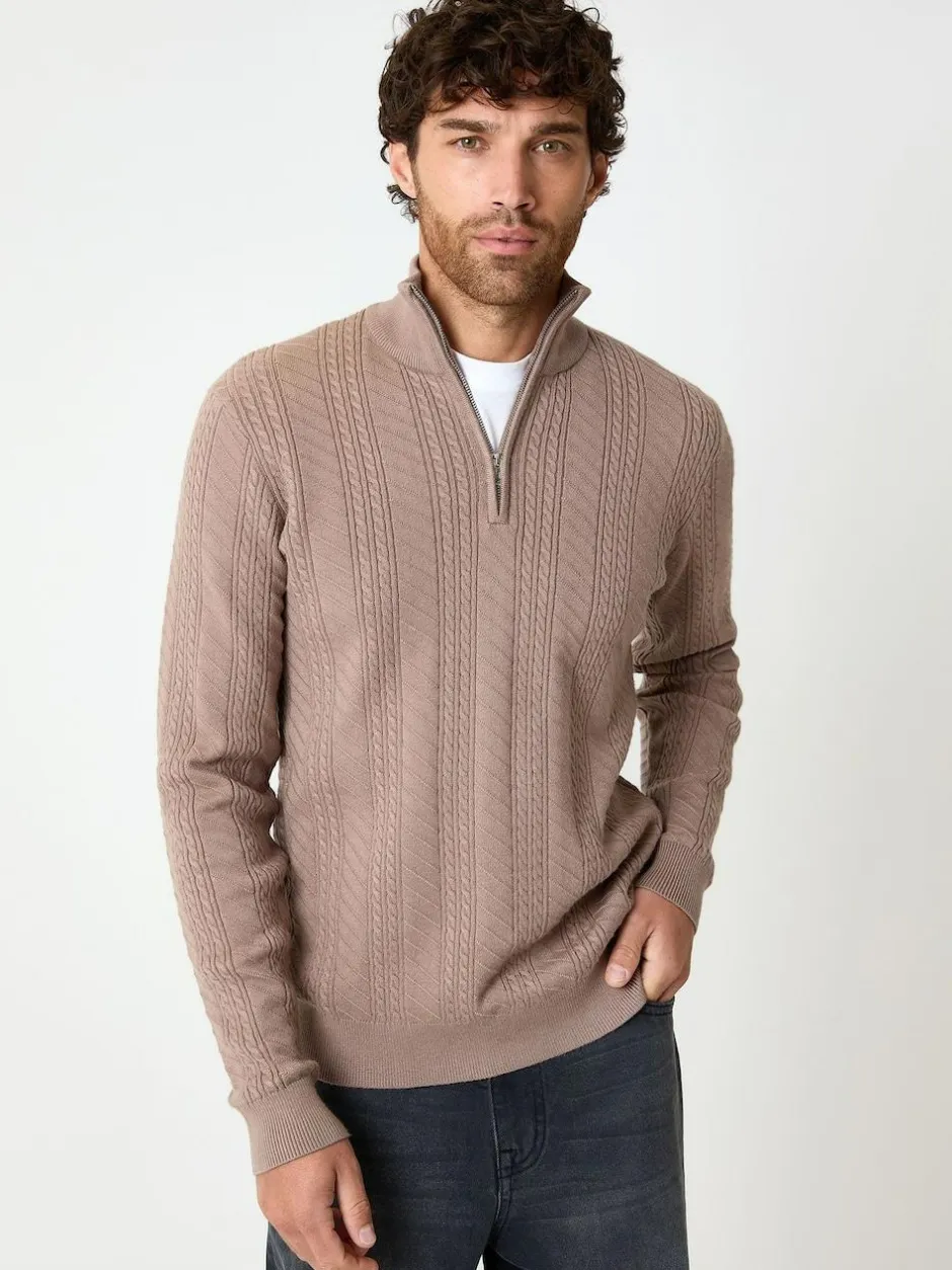 Threadbare Cable Knit Quarter Zip Jumper Light Brown Outlet