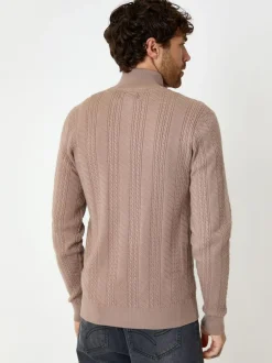 Threadbare Cable Knit Quarter Zip Jumper Light Brown Outlet