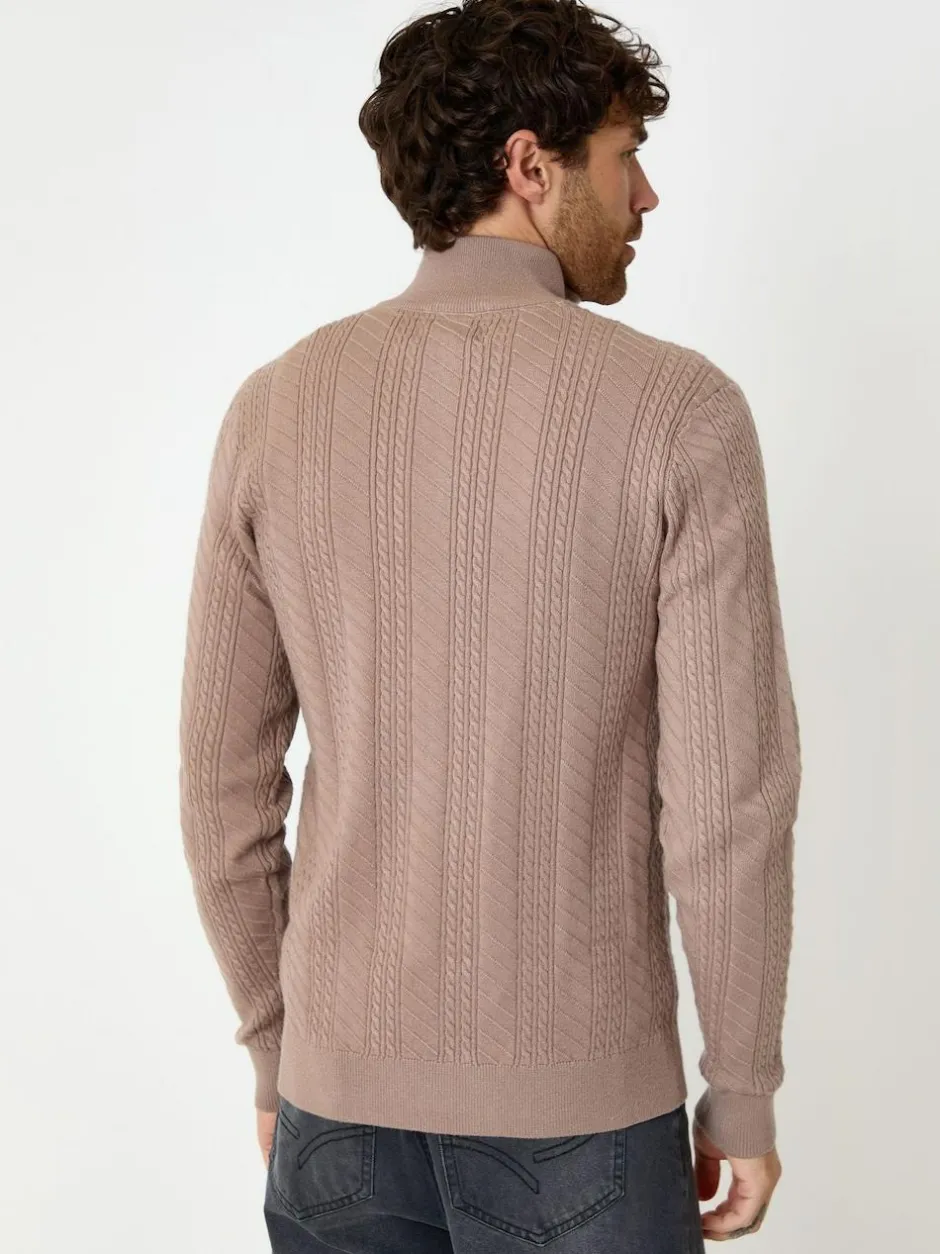 Threadbare Cable Knit Quarter Zip Jumper Light Brown Outlet