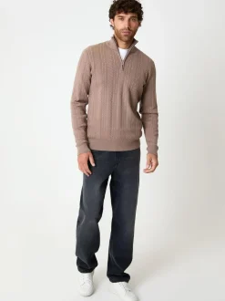 Threadbare Cable Knit Quarter Zip Jumper Light Brown Outlet