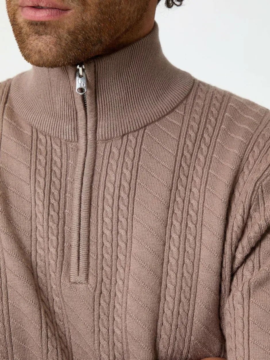 Threadbare Cable Knit Quarter Zip Jumper Light Brown Outlet