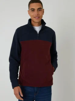 Threadbare Navy / Burgundy Two Tone Quarter Zip Fleece Sweatshirt New
