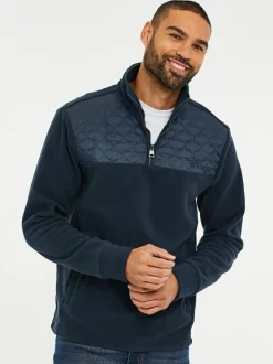 Threadbare Quarter Zip Quilted Fleece Sweatshirt Navy Blue New
