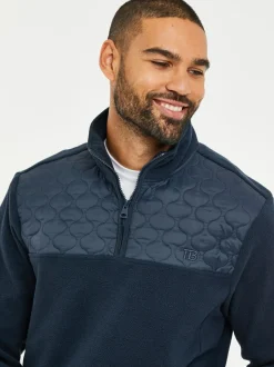 Threadbare Quarter Zip Quilted Fleece Sweatshirt Navy Blue New