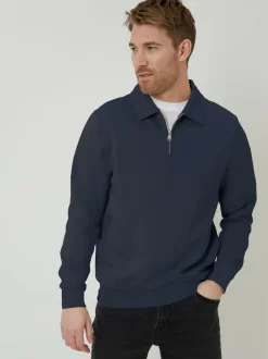 Threadbare Quarter Zip Collared Sweatshirt Navy New