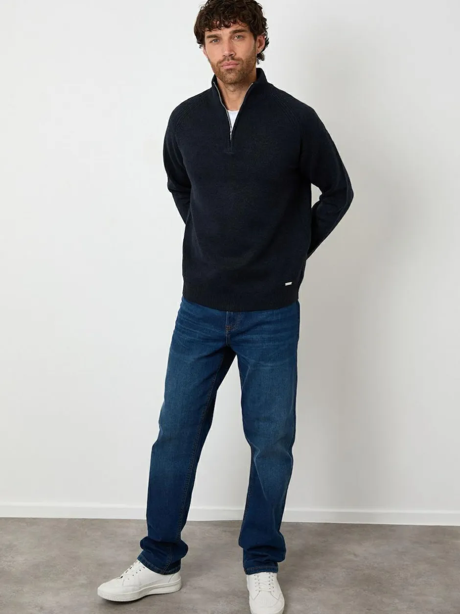 Threadbare Raglan Rib Quarter Zip Knitted Jumper Navy Outlet