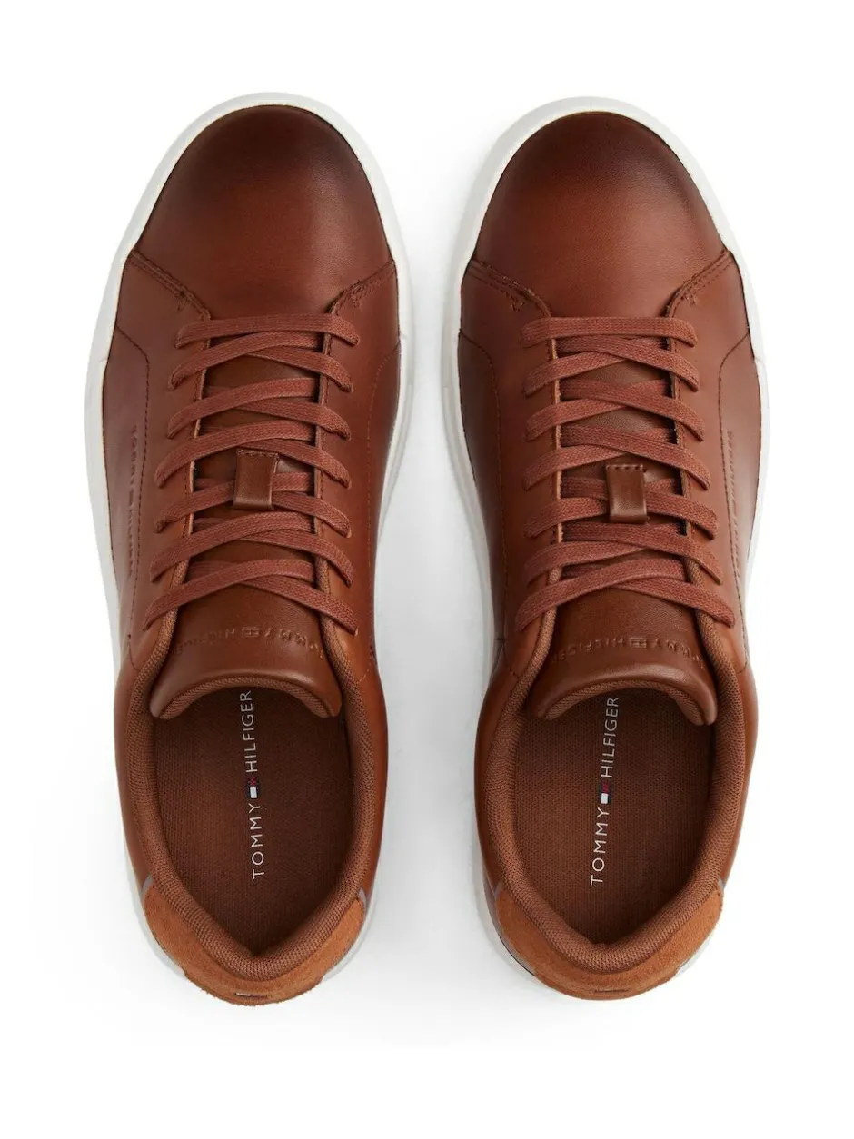 Tommy Hilfiger Brown Leather Debossed Logo Court Trainers Online