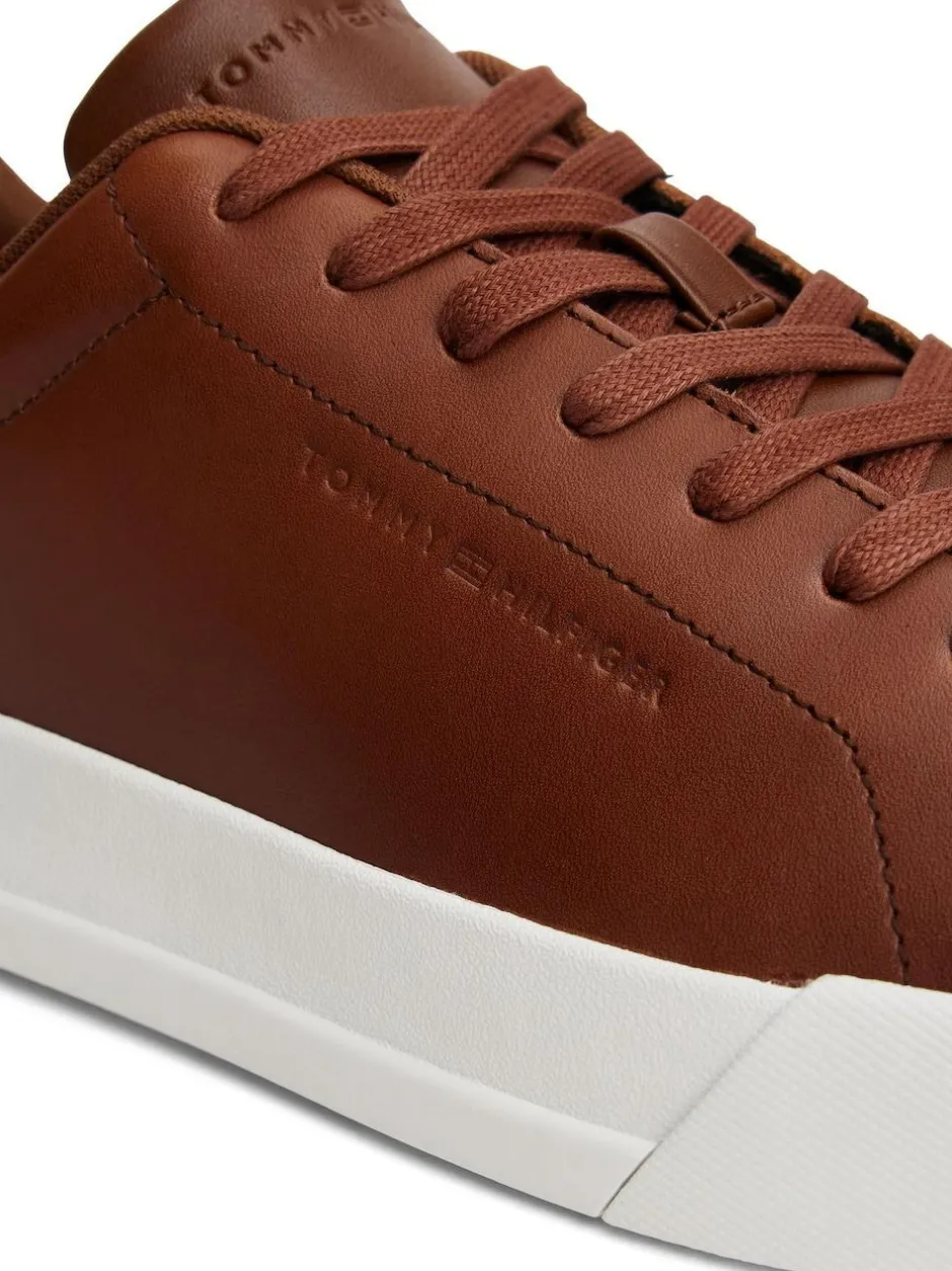 Tommy Hilfiger Brown Leather Debossed Logo Court Trainers Online