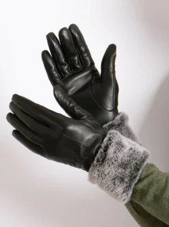 Totes Black Isotoner Ladies Leather Gloves with Faux Fur Cuff Sale