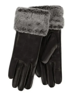 Totes Black Isotoner Ladies Leather Gloves with Faux Fur Cuff Sale