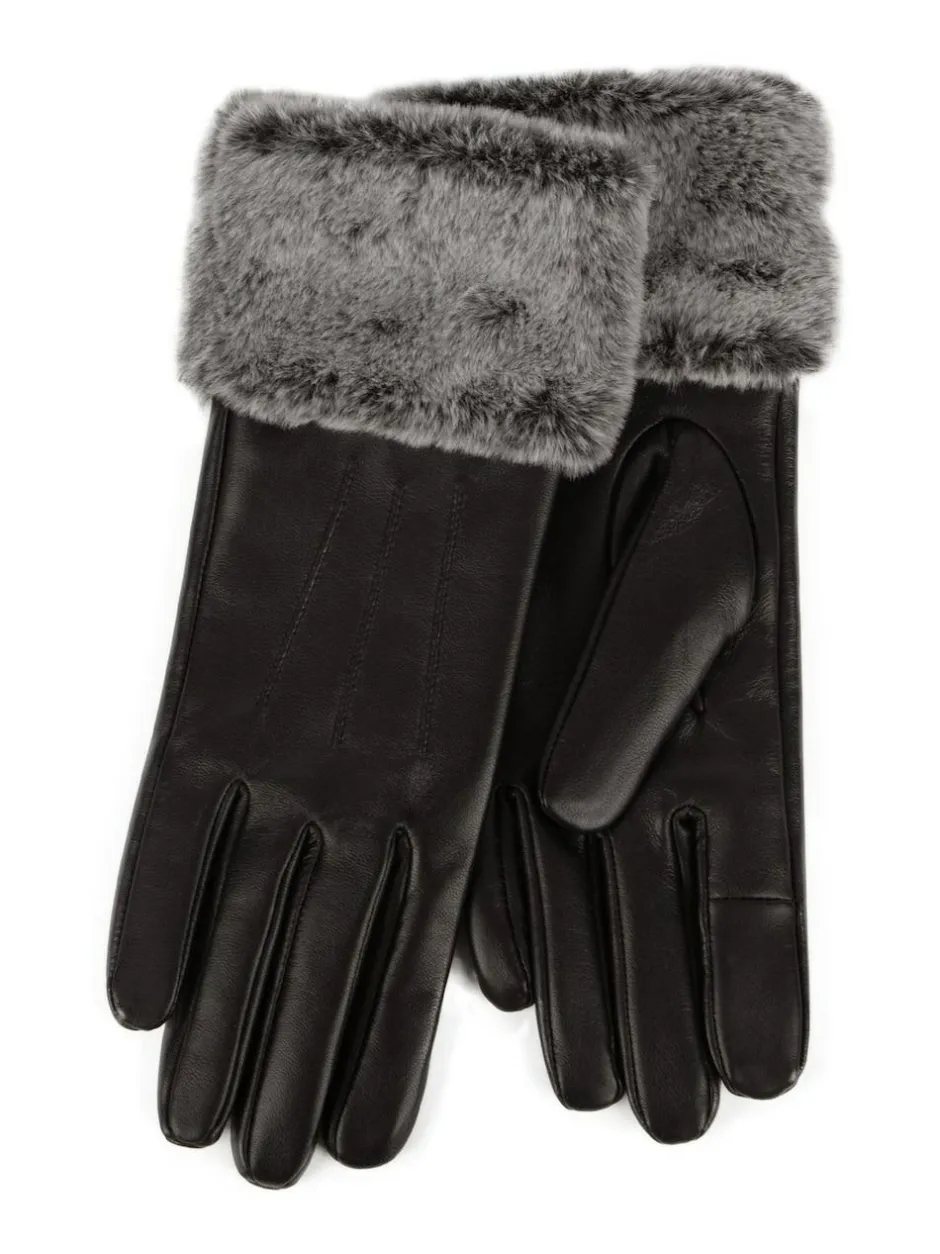 Totes Black Isotoner Ladies Leather Gloves with Faux Fur Cuff Sale