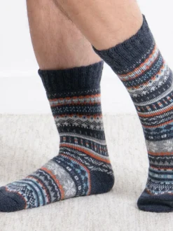 Totes Blue Toasties Mens Wool Blend Fair Isle Slipper Socks New
