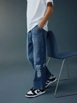 Next Varsity All-Over Print Mid Blue Denim Wide Fit Authentic Jeans (3-16yrs) New