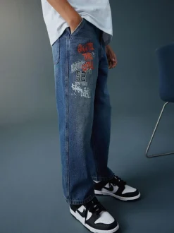 Next Varsity All-Over Print Mid Blue Denim Wide Fit Authentic Jeans (3-16yrs) New