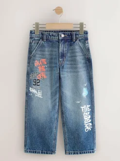 Next Varsity All-Over Print Mid Blue Denim Wide Fit Authentic Jeans (3-16yrs) New