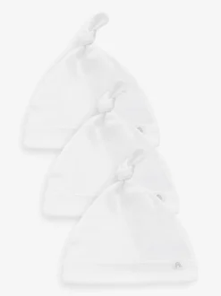 Next 100% Cotton Tie Top Baby Hats 3 Pack (0-12mths) White Best