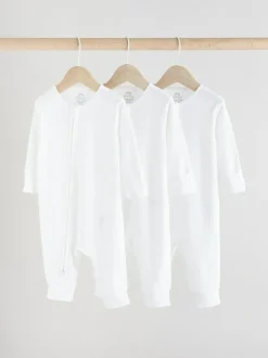 Next White 100% Cotton Two Way Zip Baby Footless Sleepsuits 3 Pack (0mths-2yrs) Online