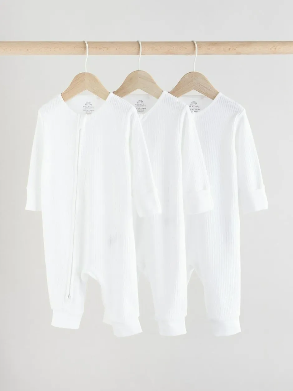 Next White 100% Cotton Two Way Zip Baby Footless Sleepsuits 3 Pack (0mths-2yrs) Online