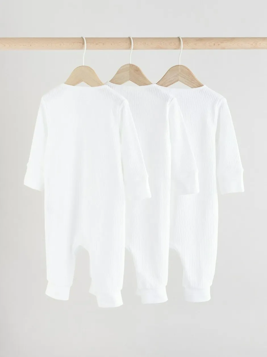 Next White 100% Cotton Two Way Zip Baby Footless Sleepsuits 3 Pack (0mths-2yrs) Online
