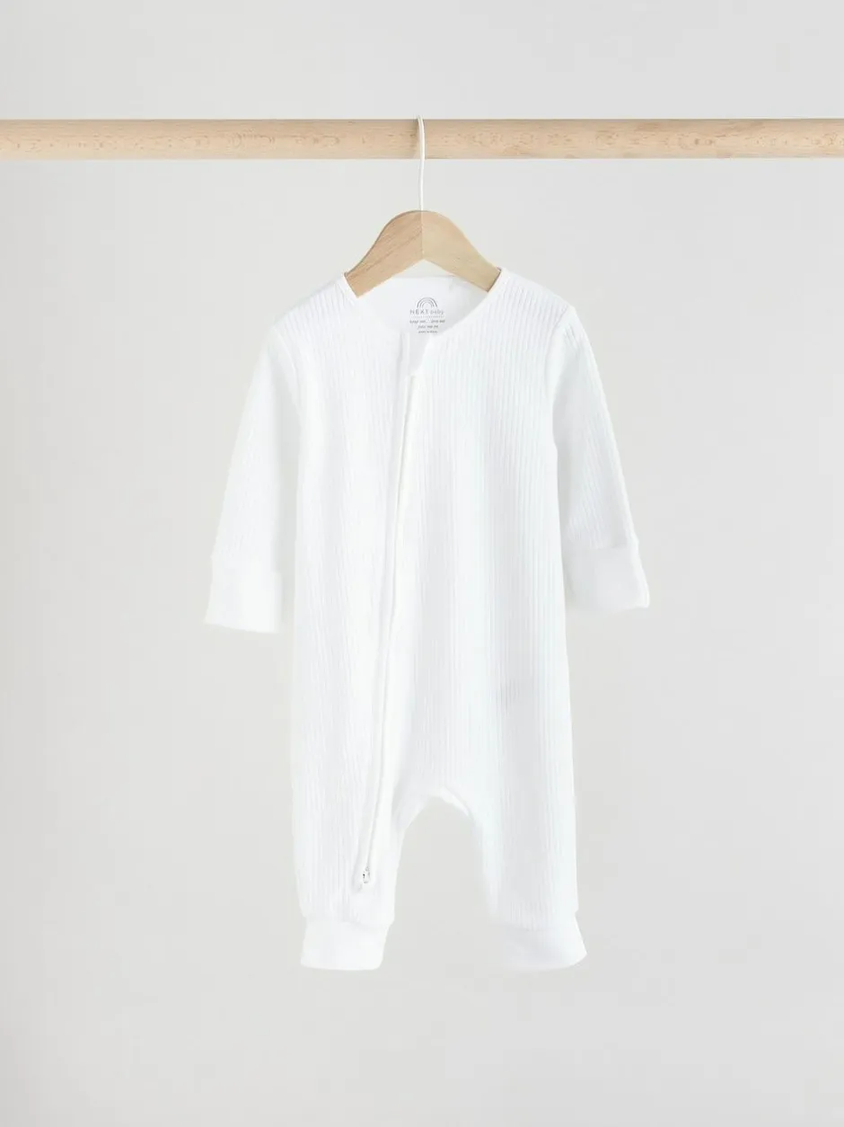 Next White 100% Cotton Two Way Zip Baby Footless Sleepsuits 3 Pack (0mths-2yrs) Online