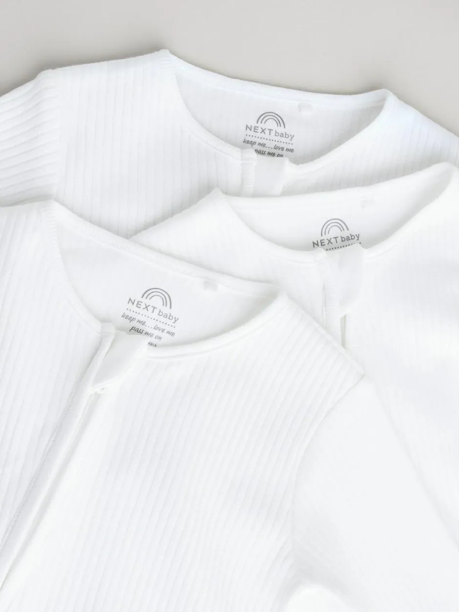 Next White 100% Cotton Two Way Zip Baby Footless Sleepsuits 3 Pack (0mths-2yrs) Online