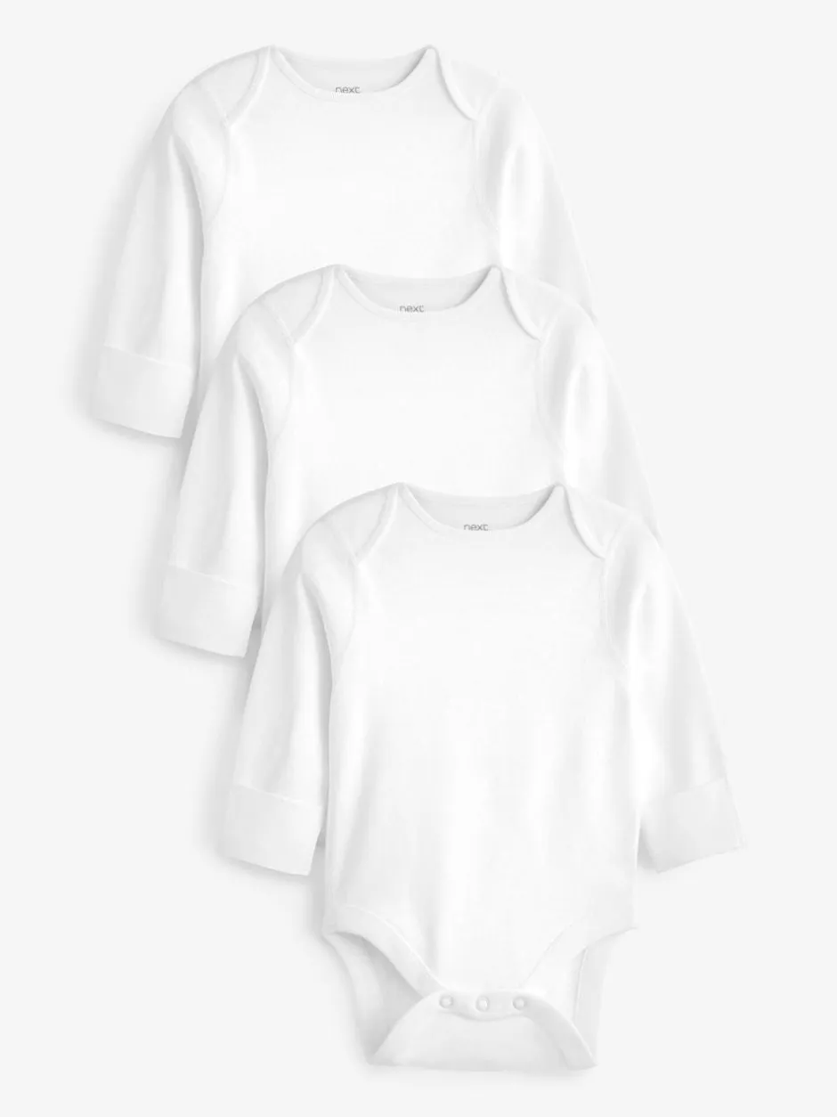 Next White 3 Pack Kind To Skin Long Sleeve Baby Bodysuits