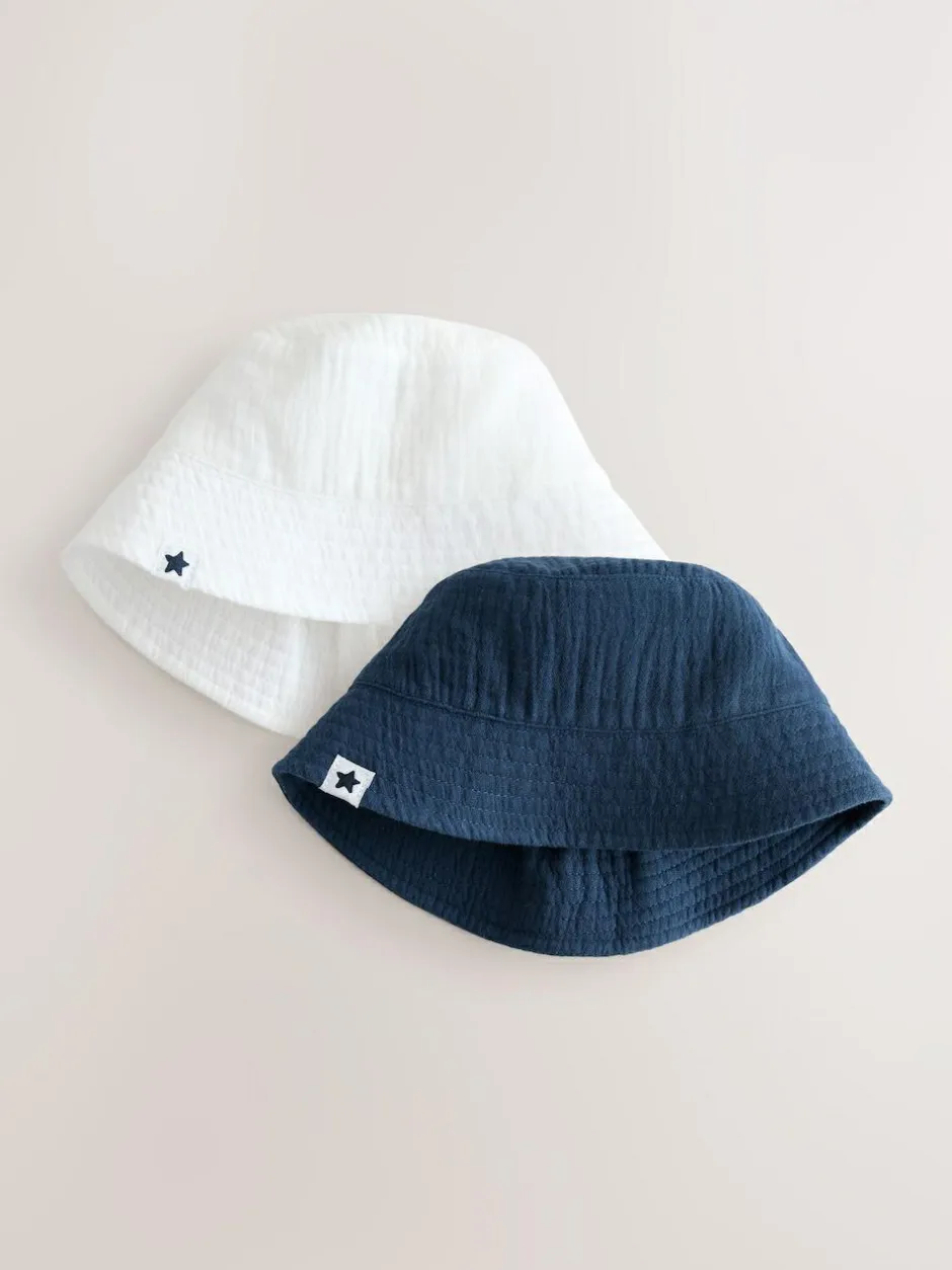 Next Baby Bucket Hats 2 Pack (0mths-2yrs) White and Blue Woven Clearance