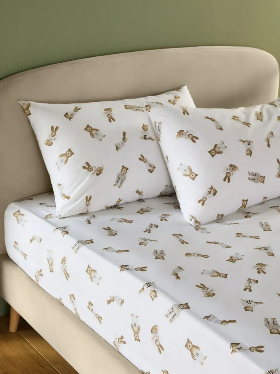 Next White Bertie Bear and Rosie Rabbit Fitted Sheet and Pillowcase Set New