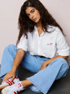 Next Casual Long Sleeve Cropped Shirt with Pocket Embroidery White Hot