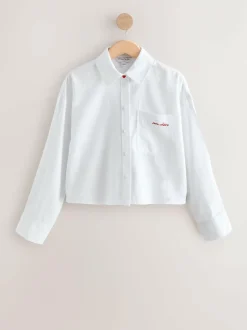 Next Casual Long Sleeve Cropped Shirt with Pocket Embroidery White Hot