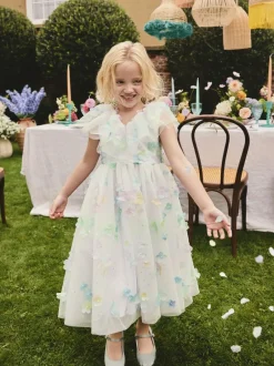 Next White 3D Flower Ruffle Mesh Occasion Dress (3-16yrs) Hot